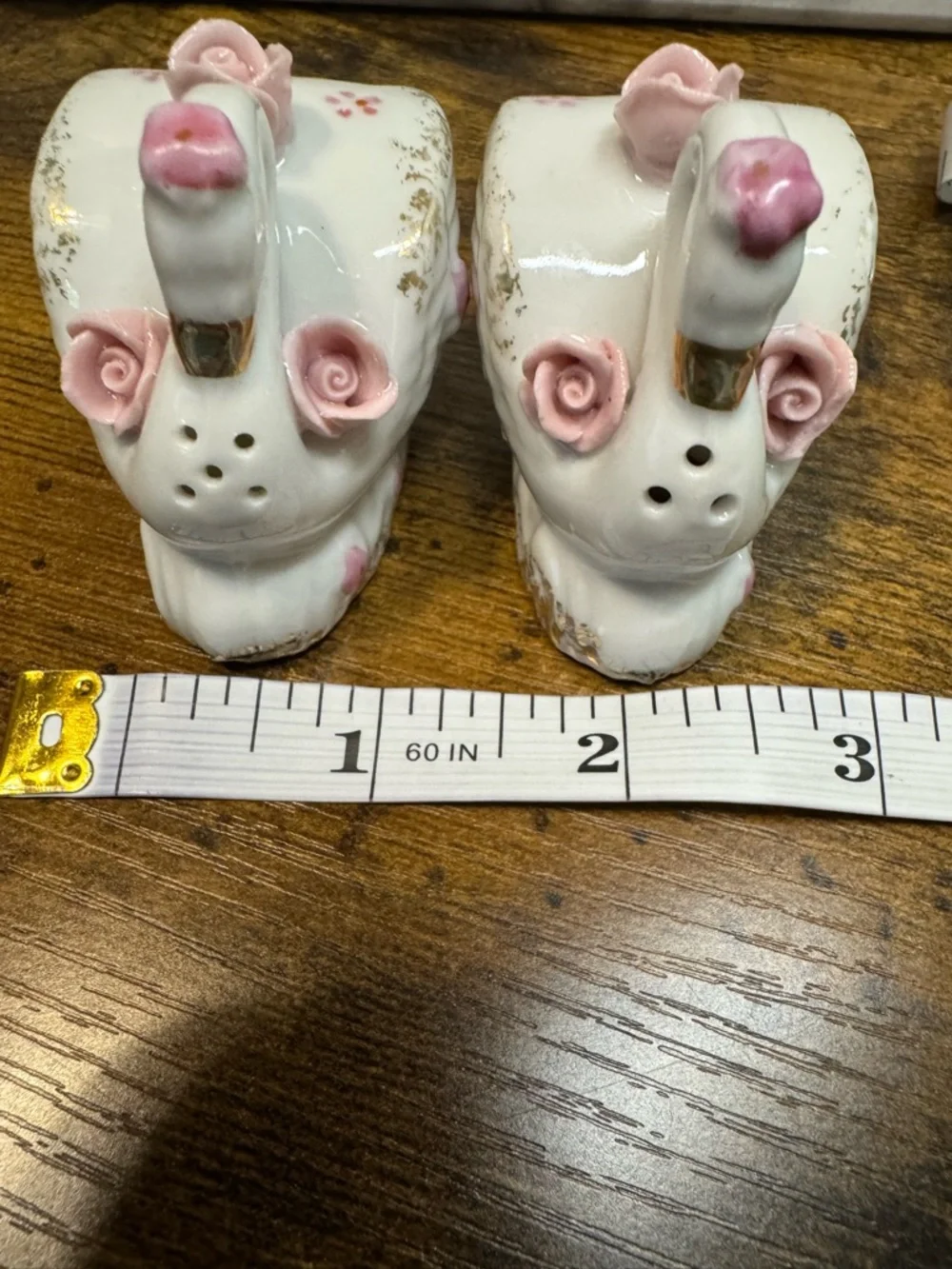 Vintage Porcelain Swan Planter Vase w/ Japan Salt & Pepper Shakers Pink Roses